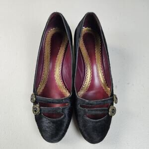 Vintage J Vincent Kitten Heel Shoe Black Calf Hair Womens 6.5 Medallion Dressy